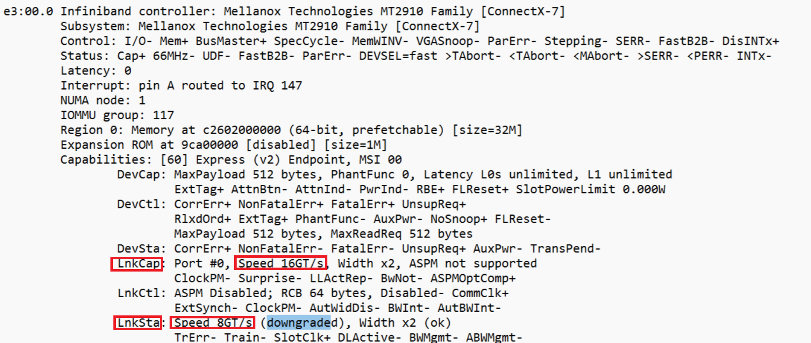 PowerEdge XE9685L— Linux 命令“lspci -vvv”在NVIDIA CX7 设备上