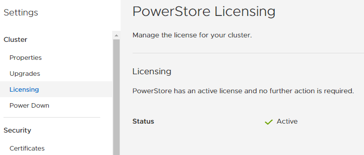 Grafické uživatelské rozhraní licence PowerStore – kontrola