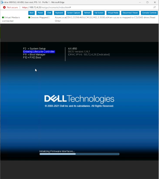 Captura de pantalla que muestra la instalación del sistema operativo a través de Life Cycle Controller.