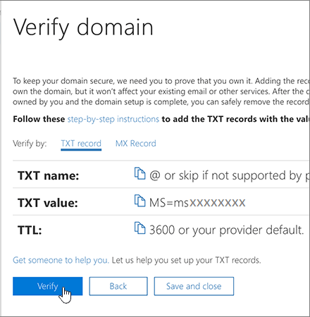 Verifiera domän för Office365