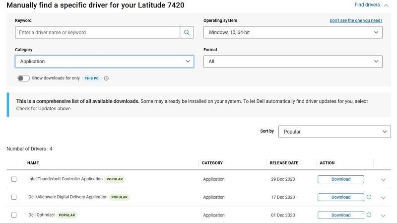Strona ze sterownikami przedstawiająca program Dell Optimizer
