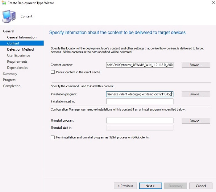 Konsola ConfigMGR — określ wiersz polecenia do zainstalowania