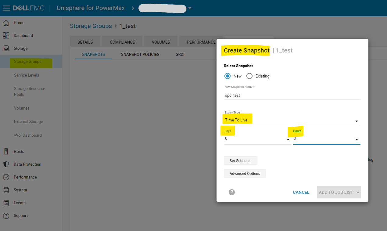 Create Snapshot selected