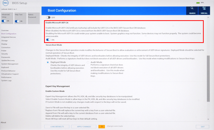 Ativando a configuração Microsoft UEFI CA