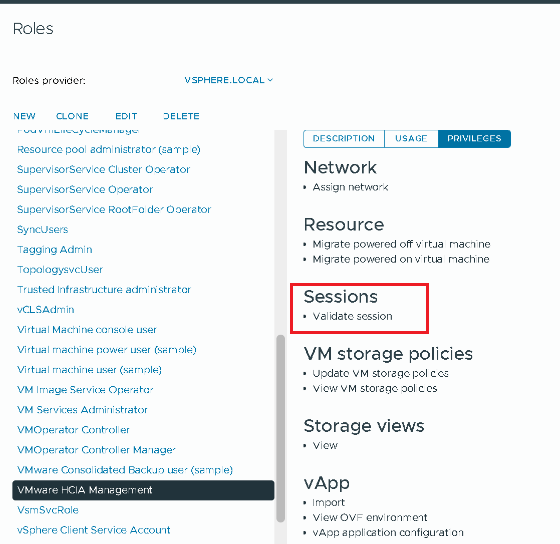Screenshot of permissions before the addition of a workload domain