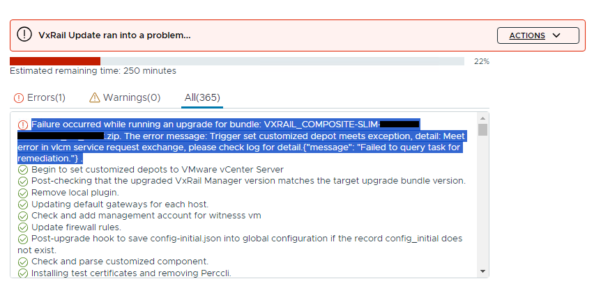 Screenshot of upgrade error