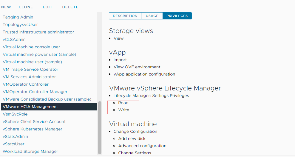 Screenshot of lost privileges After adding the workload domain with vLCM disabled