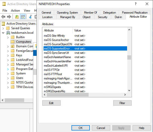 msDS-SupportedEncryptionTypes 屬性的值顯示為 <未設定>。