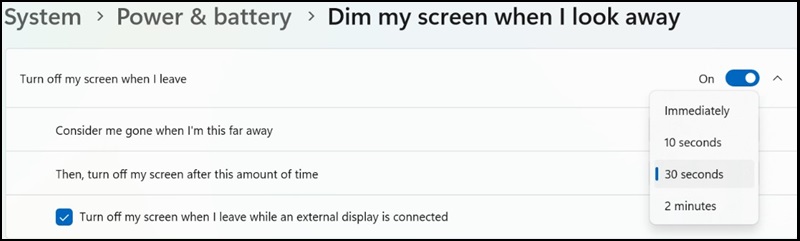 Windows System, Power and Battery, Dim My Screen When I Look Away Options