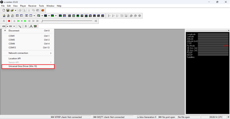 Sélection du pilote GNSS universel (Windows 10) en tant que récepteur