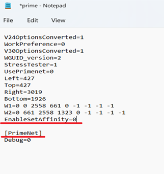 Aggiunta di informazioni EnableSetAffinity=0 al file prime.txt