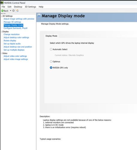 Vain Nvidia-grafiikkasuorittimeen vaihtaminen paljastaa lisää näyttövaihtoehtoja (esimerkiksi käyttötarkoitukset voivat säätää kontrastia ja eloisuutta)
