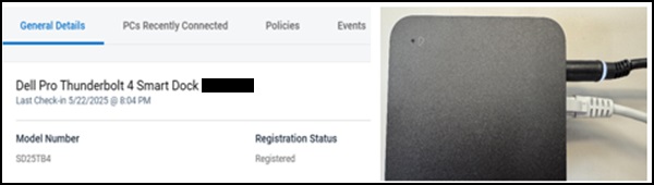 Informacje o stacji dokującej Dell Pro Smart Dock, podłączonej do zasilania i sieci LAN