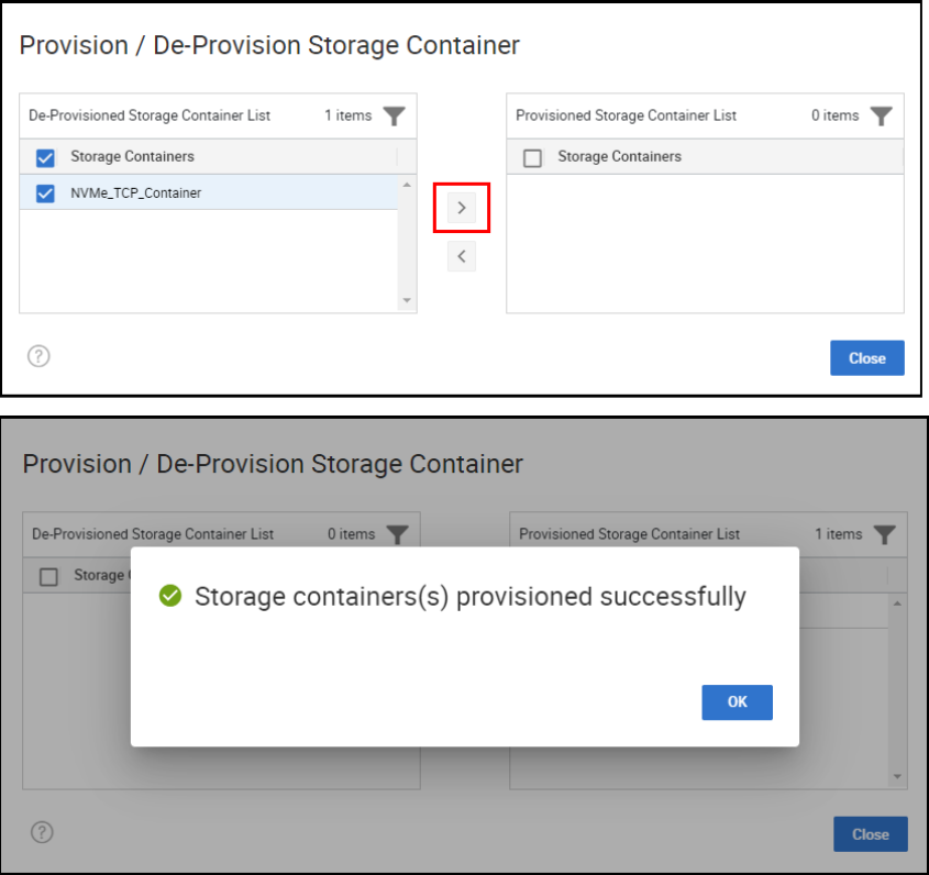 Dialog box for provisioning storage containers