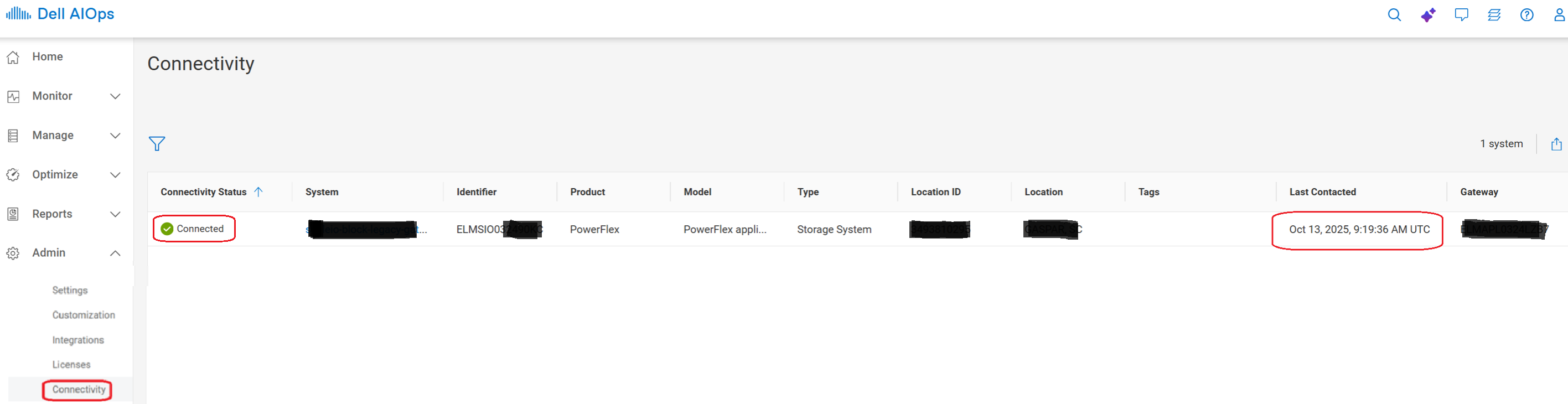The eSWID (ELMSIOxxxxx) shows Connected,
