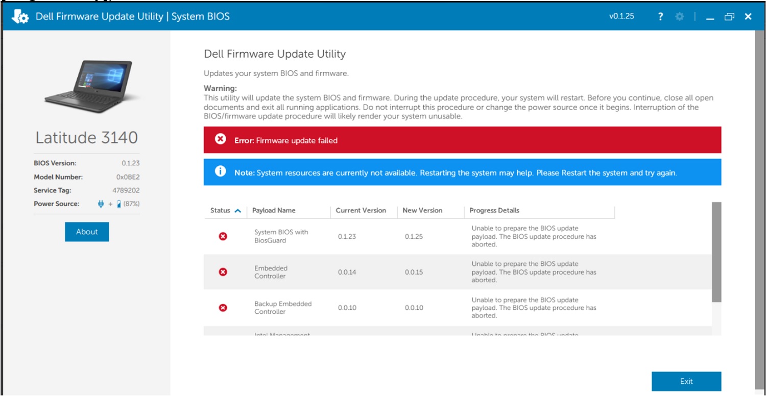 Latitude 3140のファームウェア アップデートに失敗しましたというエラー メッセージ