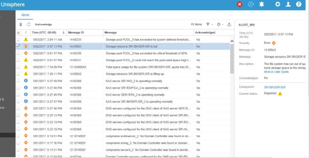 Unisphere-Warnmeldungen