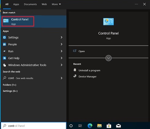 Búsqueda de Windows, Panel de control