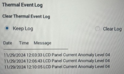 Protokol tepelných událostí může zobrazit panel LCD Aktuální úroveň anomálií xx.
