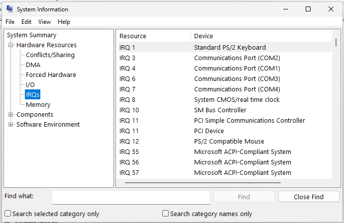 View OS system IRQ assignment