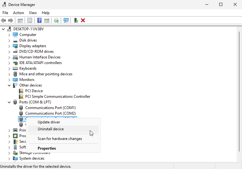 Uninstall COM3 & COM4 drivers from Windows Device Manager