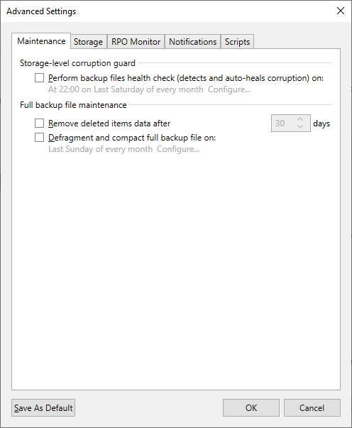 Wartungseinstellungen für Backups auf Ziel-Storage-Ebene und komplette Backups festlegen