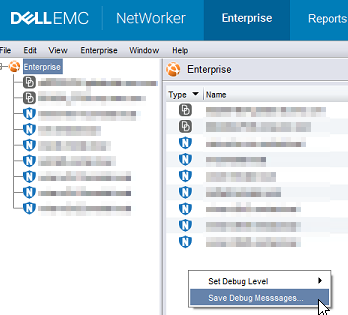 NetWorker Management Console — 保存调试消息