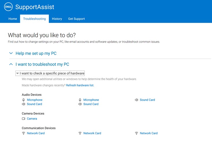 Troubleshooting tab in SupportAssist