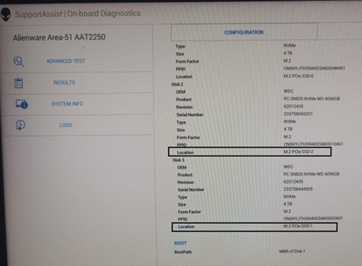 Informations d’emplacement affichées dans les diagnostics intégrés.