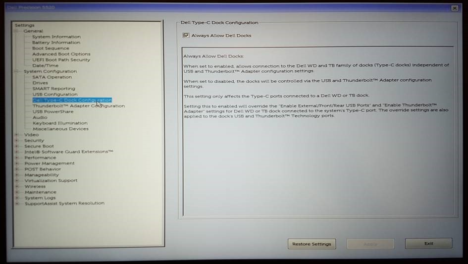 Na seção System Configuration, você pode encontrar as configurações da Dell Type-C Dock Configuration