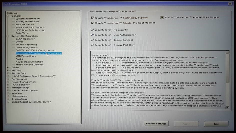 Nella sezione Configurazione di sistema è possibile trovare le impostazioni per la configurazione dell'adattatore Thunderbolt