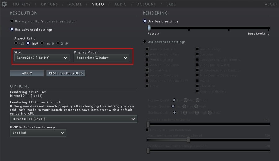 Example of Video Game Settings Showing Resolution and Display Mode