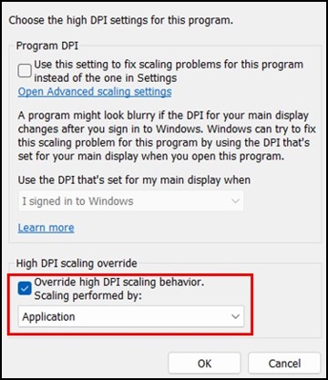 Videogame do Windows, escolha o menu Configurações de DPI alto
