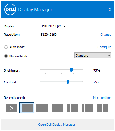 Skjermbildet for konfigurering av innstillinger for Dell Display Manager