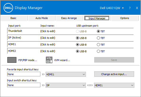Inndatabehandling i Dell Display Manager