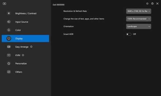 Skjermmeny for Dell Display og Peripheral Manager