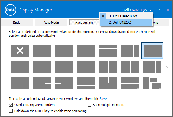 Dwa monitory w programie Dell Display Manager