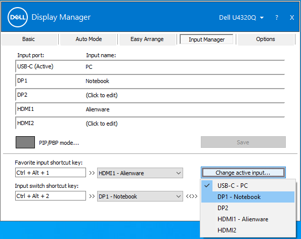 Використання кількох входів у Dell Display Manager