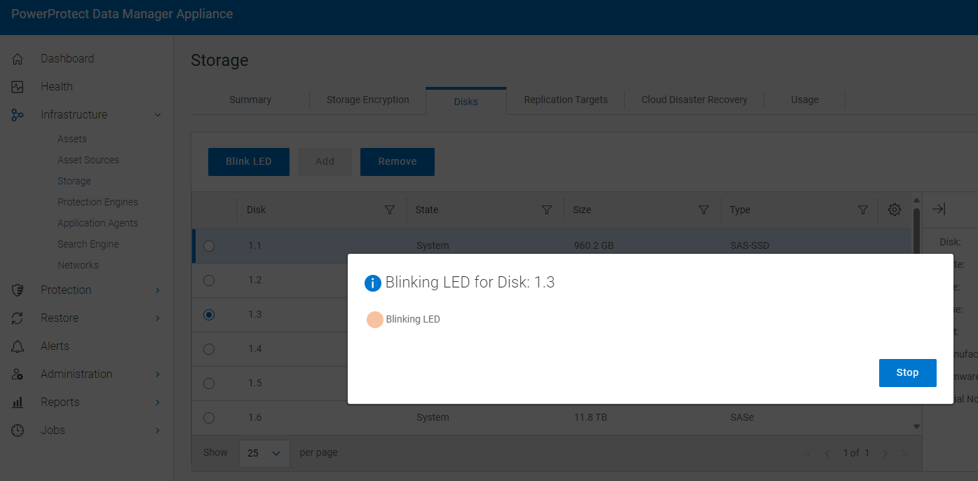 The Blinking LED light for Disk: . dialog appears, indicating that the LED light on the front of the drive in the server is blinking.