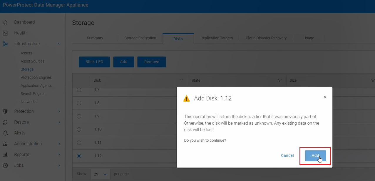 Click the blue Add button. The Add Disk: . dialog appears. In the dialog, click Add.