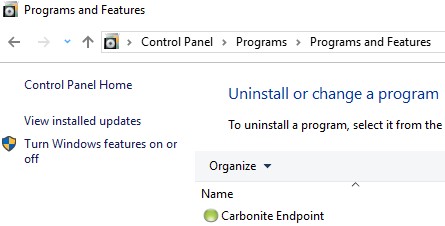 Carbonite Endpoint in Programs and Features