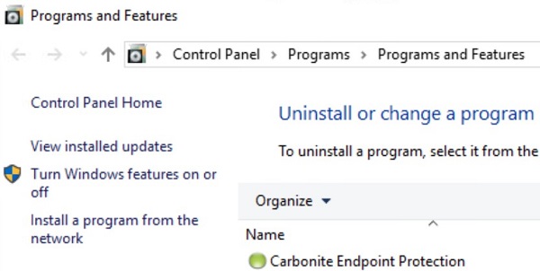 Carbonite Endpoint Protection in Programs and Features