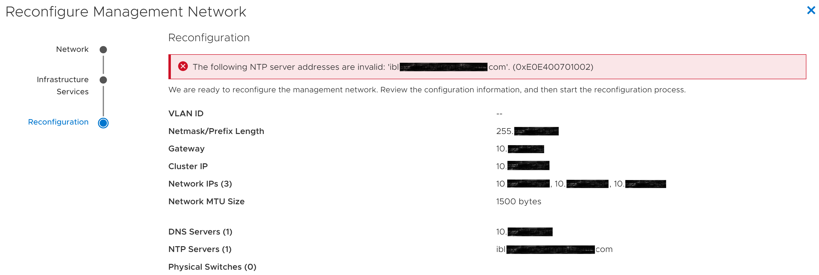 Management Network Reconfiguration wizard. Invalid NTP error