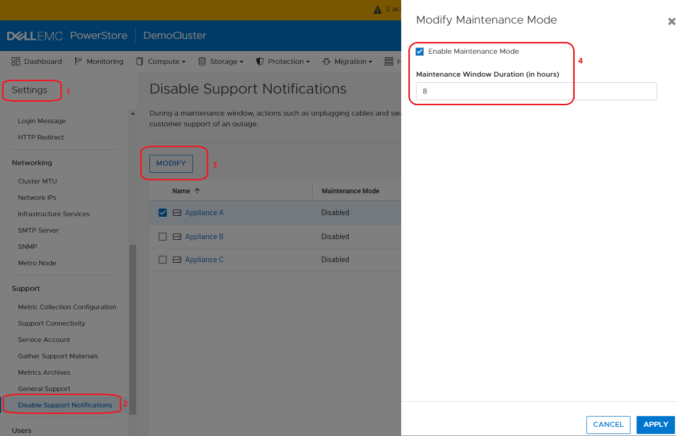 screenshot showing after the NDU completes the maintenance window can be cancelled.