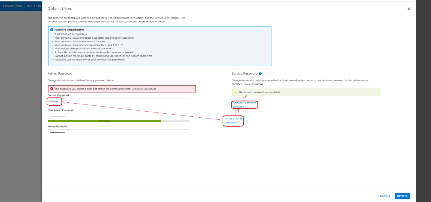 admin password change failed but service password updated.