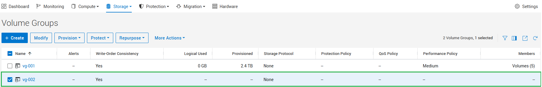 Volume Groups screen