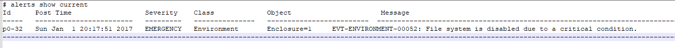 screenshot of alerts show current command showing DDFS has been disabled 'due to a critical condition