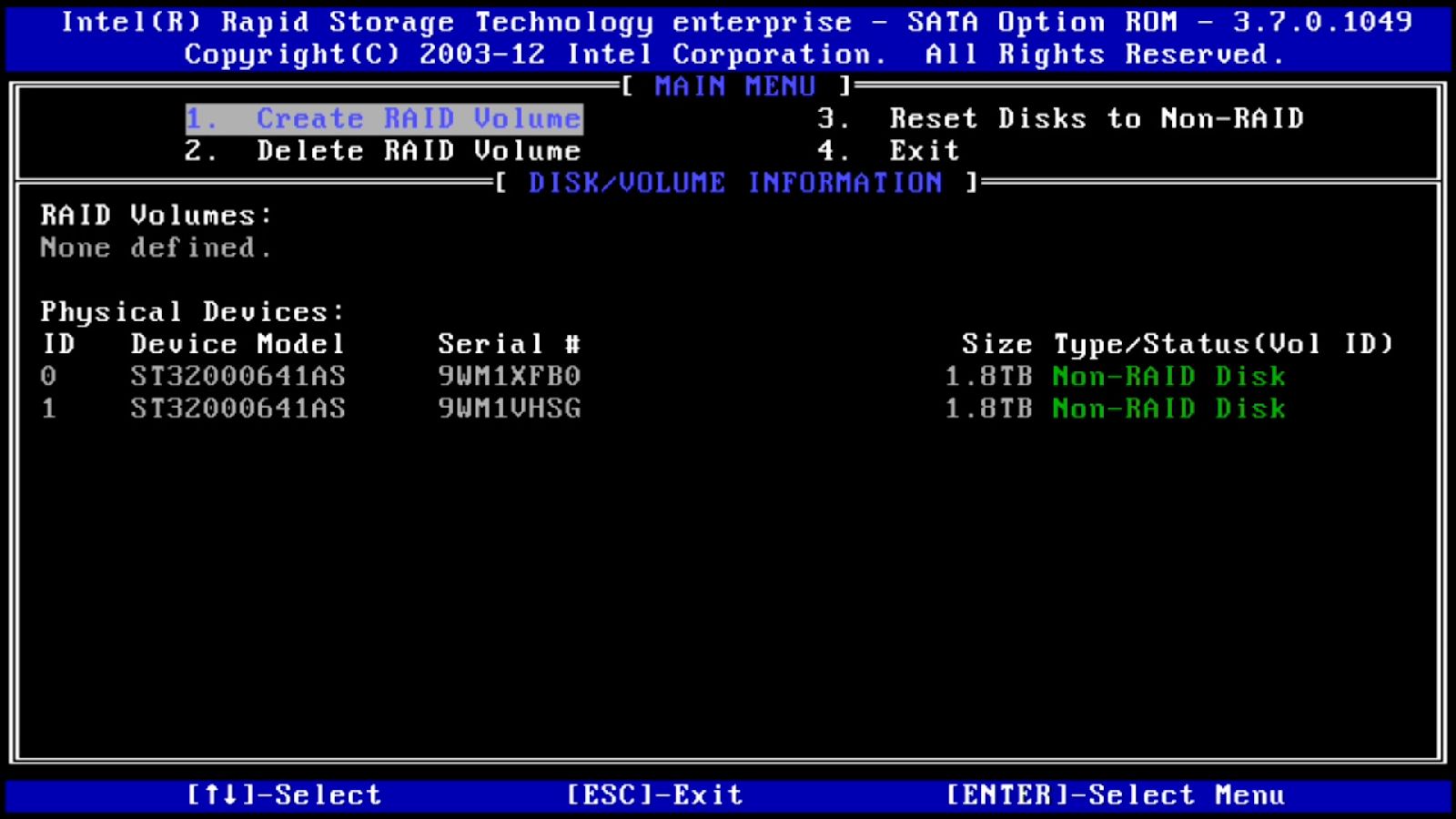Main Menu Intel Rapid Storage