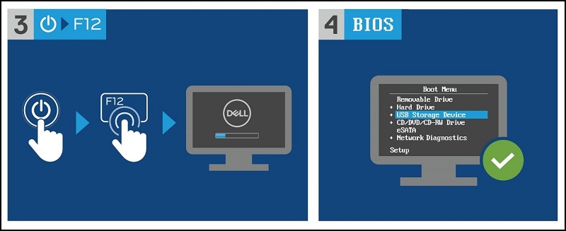 Dell Bilgisayarınızı Açın, Tek Seferlik Önyükleme Menüsüne Girmek için F12 Tuşuna Basın ve USB Storage Device (USB Depolama Aygıtı) Öğesini Seçin