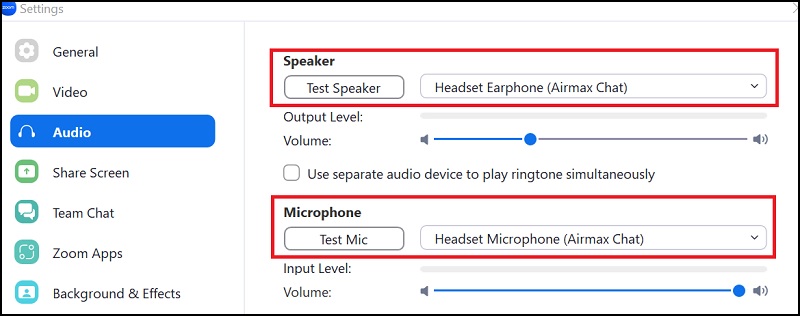 Zoom Audio Settings 菜单
